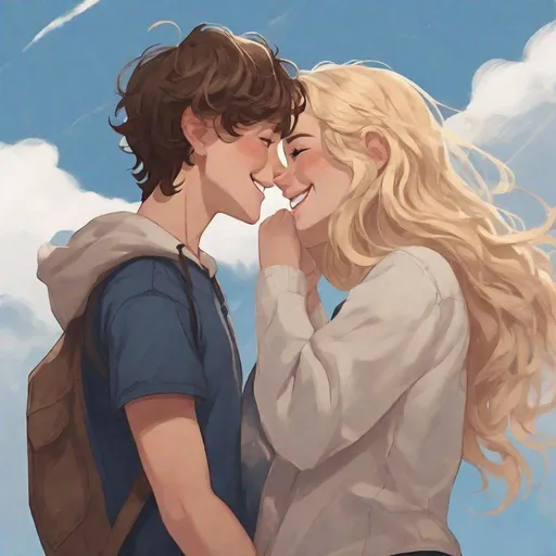 Prompt: teen boy with dark brown hair and dark blue eyes being happy with teen girl with light long blonde wavy hair and hazel eyes and freckles smiling and while looking at each other and the background is a sky with white clouds afar