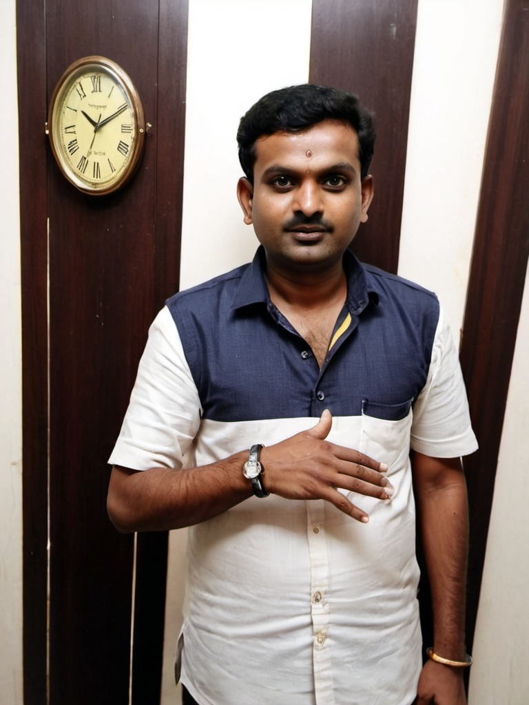 Prompt: a man with a ring on his finger standing in front of a wall with wooden panels on it and a clock on the wall, Bholekar Srihari, samikshavad, jayison devadas, a picture