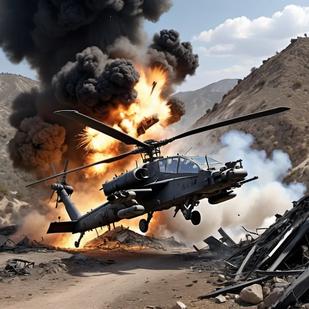 Prompt: Israeli Apache AH-64 Crashing  
and blowing up on a mountain and bodies on the ground , realistic illustration, intense explosion, dramatic fire, military wreckage, detailed debris, high quality, realistic, intense explosion, dramatic fire, military wreckage, detailed debris, war, realistic, intense, dynamic lighting