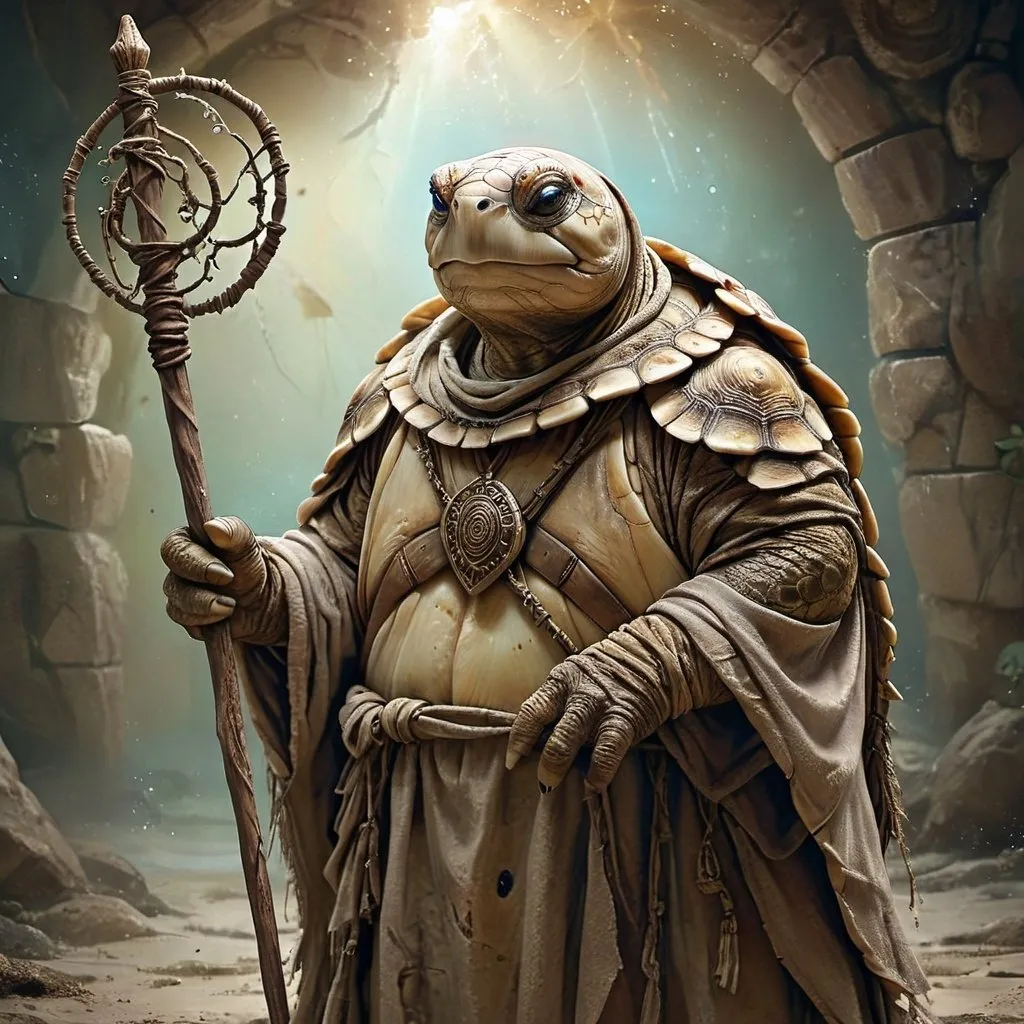 Prompt: Wise humanoid turtle in tattered robes, holding staff, rotund, high quality, detailed, fantasy art, mystical, earthy tones, soft lighting, ancient, magical, wise eyes, intricate shell details, professional, atmospheric lighting