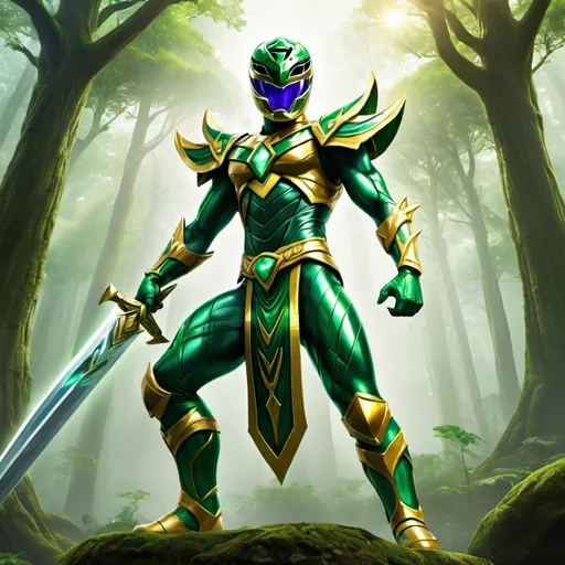 Prompt: Ascended power ranger with godly features wielding a giant tree sword, lush forest surroundings, divine energy radiating, high quality, mystical, forest green tones, towering tree sword, godly armor, nature-infused, majestic, vibrant aura, ancient power, life force, detailed character design, colossal weapon, larger than life, mythical, dramatic lighting