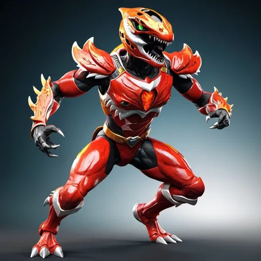 Prompt: Red power ranger with tyrannosaurus features, fiery orange accents, high quality, detailed 3D rendering, action-packed, dynamic pose, intense lighting, vibrant colors, expertly crafted armor and helmet, detailed scales and textures, powerful and fierce