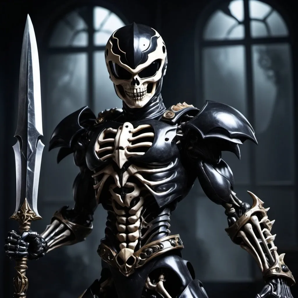 Prompt: Evil black power ranger with death-inspired skeleton features, wielding two giant sickles, dark and menacing artistic style, high contrast lighting, shadowy and foreboding atmosphere, detailed skeletal features, high quality, dark tones, menacing, villainous, detailed armor, powerful stance, ominous lighting