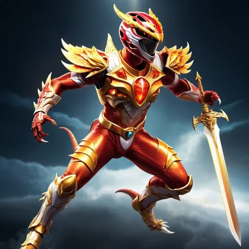 Prompt: Ascended power ranger with dragon and dinosaur features, fiery orange and red wings, golden and orange sword, angelic, highres, detailed, fantasy, dragon-like, dinosaur-like, powerful, fiery wings, golden sword, radiant, ascended, dynamic pose, professional, dramatic lighting