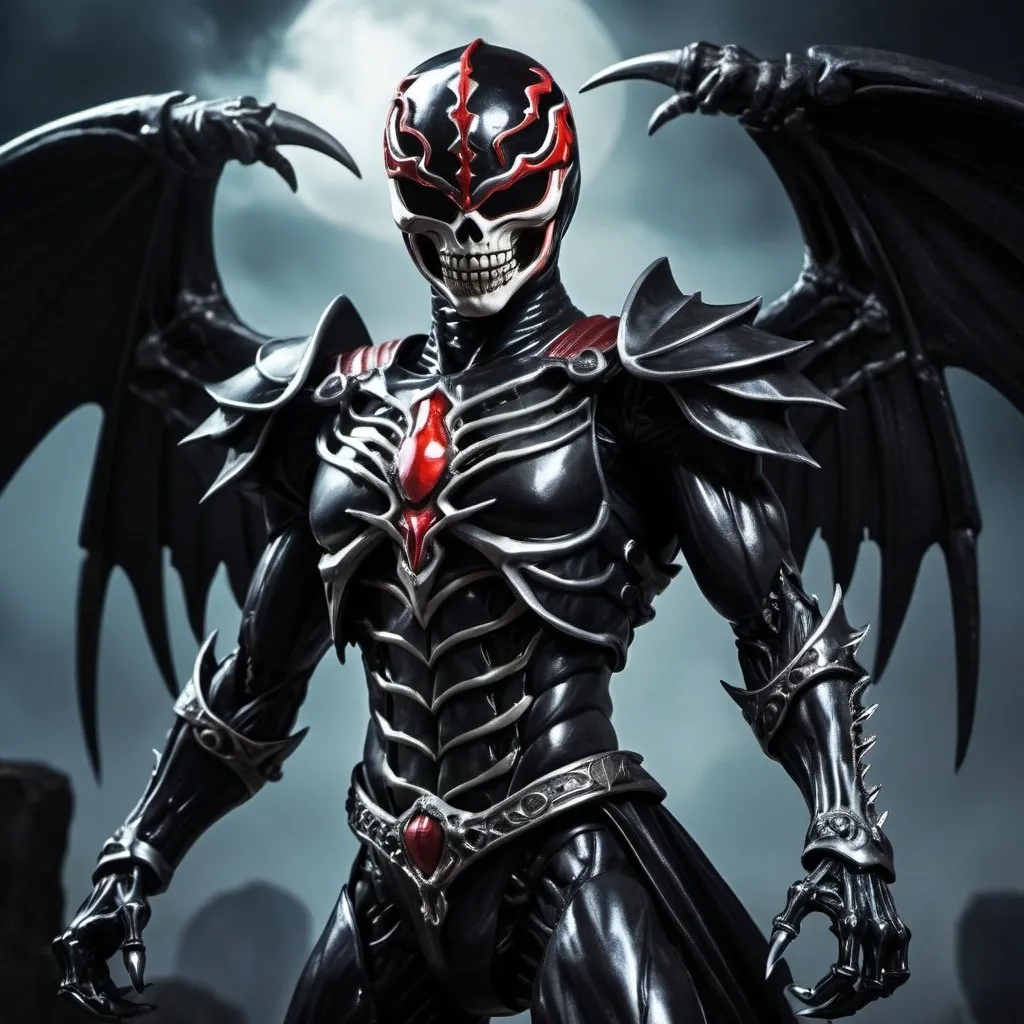 Prompt: Evil black power ranger with skeletal features, wielding two giant sickles, dark and menacing, high quality, detailed, dark fantasy, gothic, eerie lighting, sinister, detailed armor, death-themed, menacing pose, gothic style, intimidating presence, evil, supernatural, menacing skull mask, large sickles, intricate details, shadowy atmosphere, large black shadow wings, red accents, blood 