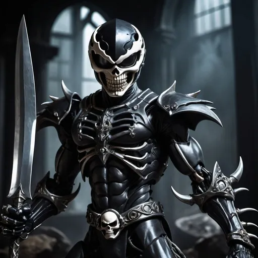 Prompt: Evil black power ranger with skeletal features, wielding two giant sickles, dark and menacing, high quality, detailed, dark fantasy, gothic, eerie lighting, sinister, detailed armor, death-themed, menacing pose, gothic style, intimidating presence, evil, supernatural, menacing skull mask, large sickles, intricate details, shadowy atmosphere