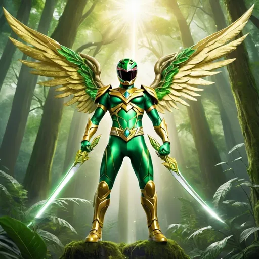 Prompt: Ascended power ranger with god-like features wielding a giant tree sword, majestic gold and green wings, surrounded by lush forest elements and a green aura, highres, detailed, majestic, powerful, forest theme, god-like, gold and green, ethereal wings, plant-infused, epic lighting