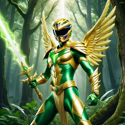 Prompt: Ascended power ranger with god-like features wielding a giant tree sword, majestic gold and green wings, surrounded by lush forest elements and a green aura, highres, detailed, majestic, powerful, forest theme, god-like, gold and green, ethereal wings, plant-infused, epic lighting