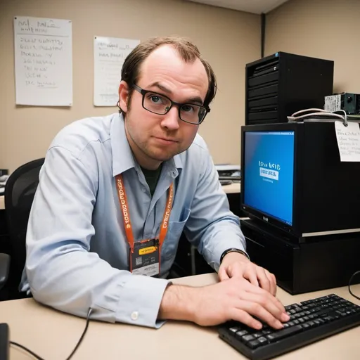 Prompt: The savvy computer scientist, Bobo McTimmy (with a nametag on), sits in front of his desktop computer, furiously trying to scrub his 200 terabyte hard drive 