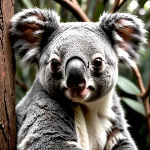 Prompt: Create a realistic black and white charcoal portrait of a koala. The portrait should capture the koala's likeness with attention to detail, shading, and texture. Focus on rendering the facial features such as the eyes, nose, mouth, and hair with precision and accuracy. Pay close attention to light and shadow, using chiaroscuro techniques to create depth and dimension in the portrait. The final artwork should evoke a sense of realism and emotional resonance, conveying the personality and essence of the koala.