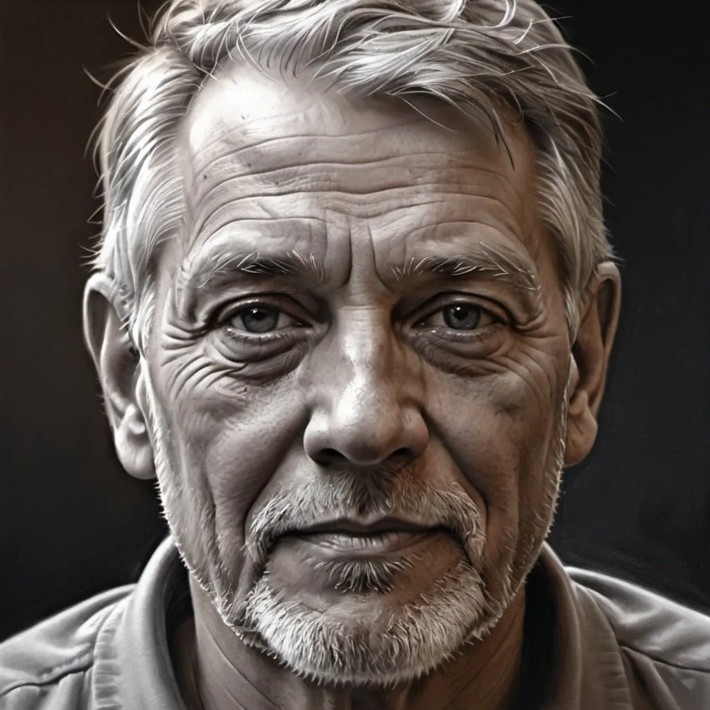 Prompt: User
Create a realistic black and white charcoal portrait og a Male in his 60s. The portrait should capture the 60 year old males likeness with attention to detail, shading, and texture. Focus on rendering the facial features such as the eyes, nose, mouth, and hair with precision and accuracy. Pay close attention to light and shadow, using chiaroscuro techniques to create depth and dimension in the portrait. The final artwork should evoke a sense of realism and emotional resonance, conveying the personality and essence of the males. Add a scruffy beard.