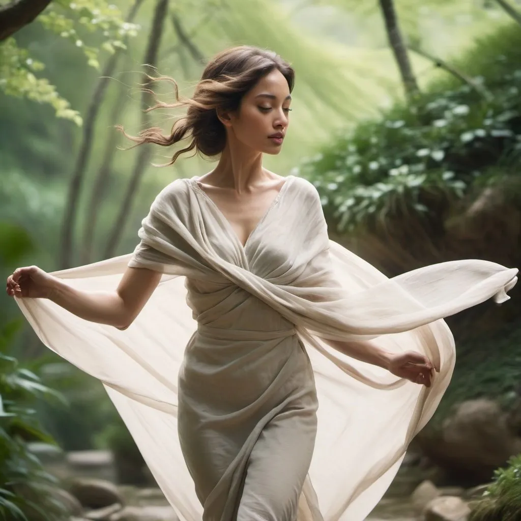 Prompt: an elegant picture of a woman walking forward, half wrapped in a piece of cloth flapping behind her in the wind, with a natural spring-like background, possibly some leaves or other natural elements flying in the air