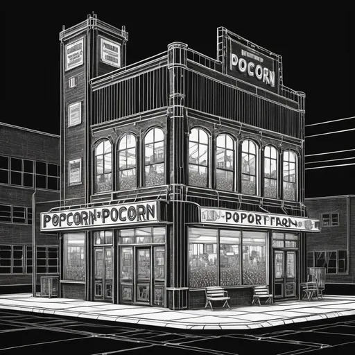 Prompt: Line drawing of an industrial popcorn factory, architectural design inspired by cinema popcorn box, black and white sketch, detailed factory machinery, vintage aesthetic, high contrast, intricate line work, film noir style, dramatic lighting, industrial, vintage, cinema-inspired, detailed architecture, monochrome, professional sketch, high contrast, dramatic lighting