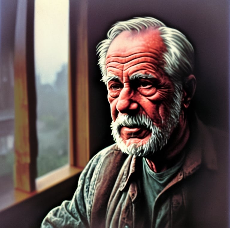 Prompt: A view from within. A close up of an old man who sits by the window of an old wood cabin tavern looking over the hills. In the distance under a haze an industrial city with its brown and grey smoke contrasting against the natural foreground. The image framed by exterior framed by the window which the old man is seeing through.
Close-up, warm colours, intricate detail, hyperrealistic, shot with a nikon 300D, slow exposure, kodak film, 1970's colour film