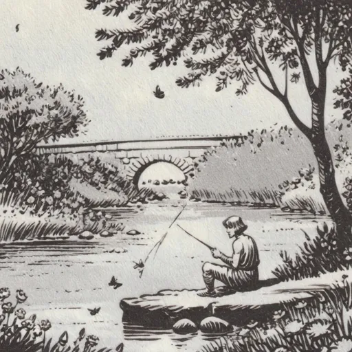 Prompt: A man sitting by the river bank fishing. Trees and flowers are at the edge of the river bank with a stone bridge further downstream. Butterflies and birds fly around in the calms as the man fishes.
In the style of Lino cut print