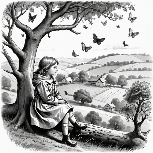 Prompt: a young cute girl with a raincoat and wellies sitting on a branch of a tree looking into the hills. flying around her butterflies and cute birds, in the distance an old farm with farm animals gracing. at the foot of the tree in which she is sat chickens are pecking at the bark of the tree whilst rabbits play around.
in the style of pen and ink. german fable story from the early 20th century or late 19th century
