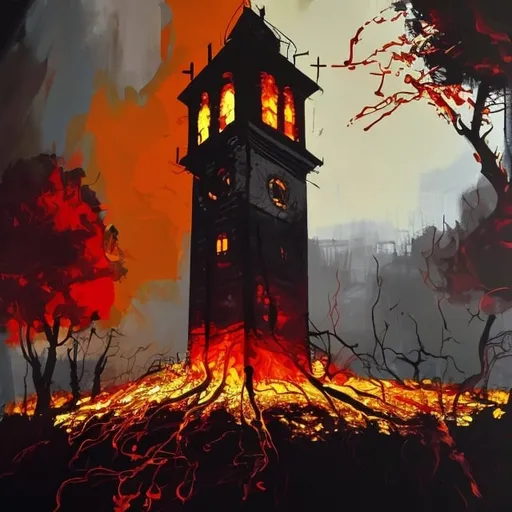 Prompt: A burning clock tower in the middle of a forest, with flames engulfing it, with the closest trees to the tower starting to smolder and alight. The tower is made from vines and roots with the hands of the clock made from branches. Dramatic ground angle view image seen from within the circle inside where the tower is  located. The image provides an ambience of fear and urgency, of feeling trapped and as if time was running out. Acrylic painting on canvas, with bold expressionist brush strokes, vibrant and atmospheric based on a four colour palette