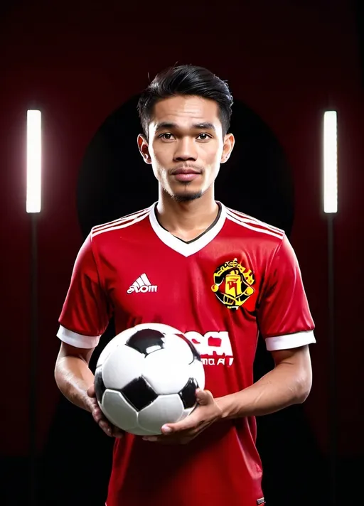 Prompt: 4D character of an Indonesian man, 25 years old, wearing an Manchester united football jersey, standing upright, holding a ball in his hand, dark red background, full HD