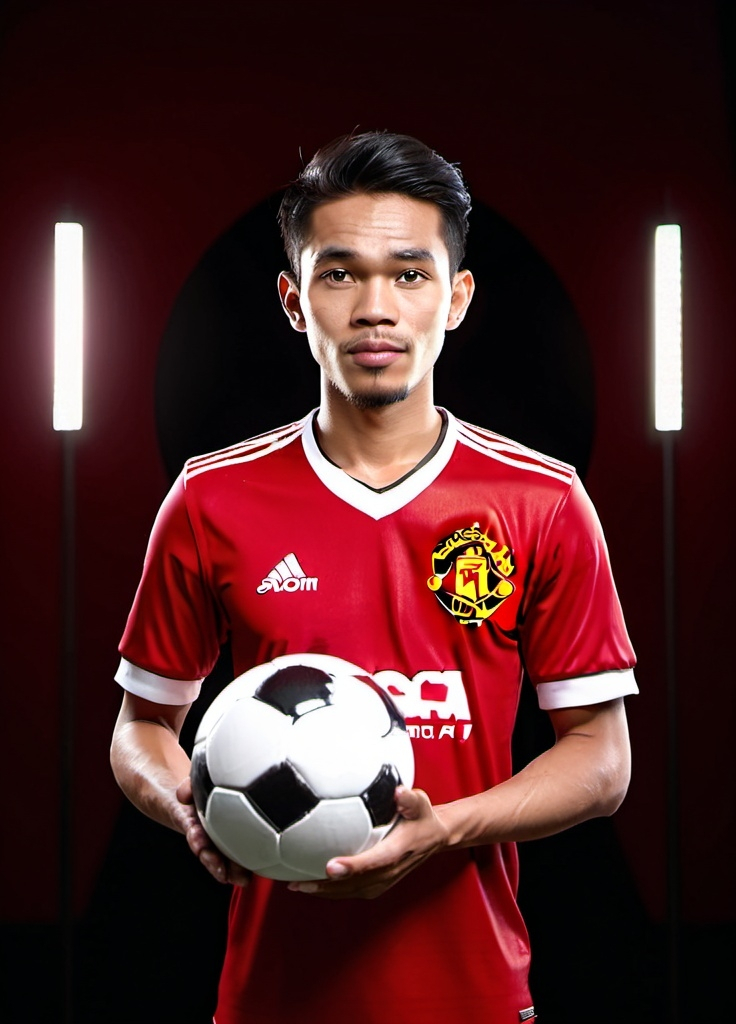 Prompt: 4D character of an Indonesian man, 25 years old, wearing an Manchester united football jersey, standing upright, holding a ball in his hand, dark red background, full HD