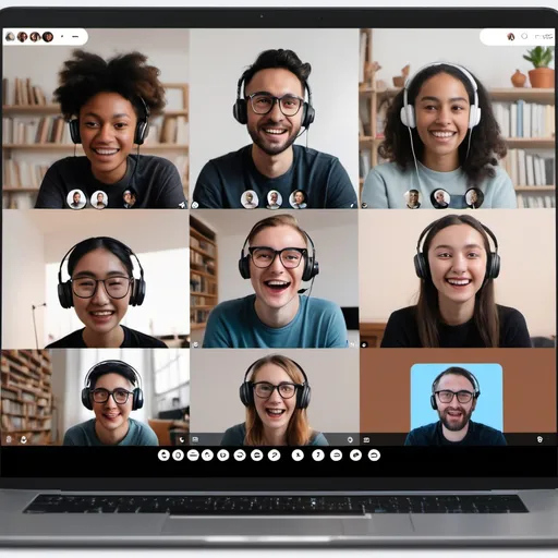 Prompt: a group of people are on a video call together with headsets on their ears and a laptop in front of them, Art & Language, incoherents, screenshot, a screenshot