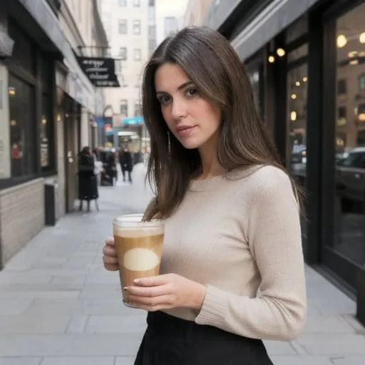 Prompt: a 28 year old brunette woman with medium length hair holding a latte on a city sidewalk staring into the camera