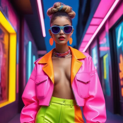 Prompt: (futuristic fashion with retro elements), (bright neon colors), cosmopolitan vibe, global influences, stylish outfit blending cultures, modern aesthetic, dynamic and vibrant surroundings, expressive demeanor reflecting a bold personality, contemporary detailing, (highly detailed), glowing neon accents, creating a mesmerizing atmosphere of exploration and creativity, beautifully merging past and future in an immersive visual experience.