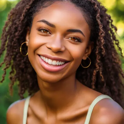 Prompt: African American woman with captivating green eyes, bright natural sunlight, genuine smile, radiant beauty, sunny atmosphere, high quality, realistic portrait, warm colors, natural lighting, detailed features, professional photography