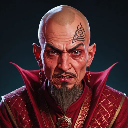 Prompt: Detailed portrait of a Red Wizard of Thay. He is human, with Arabic features, a shaved and tattooed head, and an angry expression.