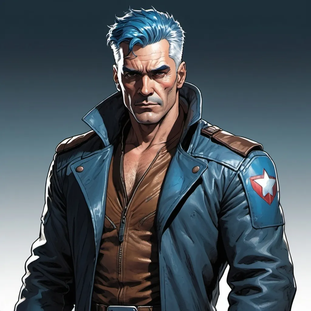 Prompt: Full-body portrait of a space opera pilot wearing an leather duster coat. He is broad and muscular, in his mid-forties, with blue hair and a square jaw. Marvel comics art style.