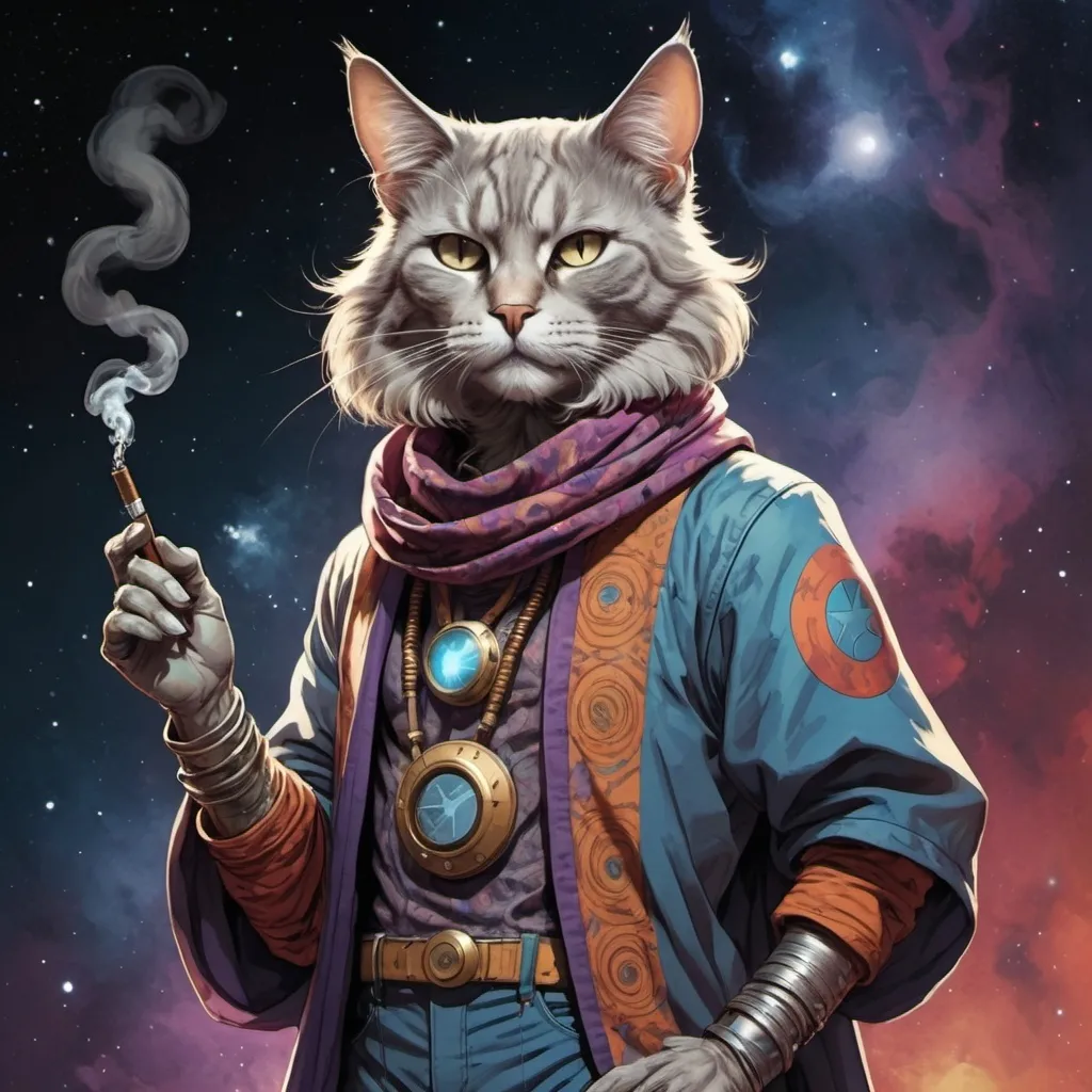 Prompt: Full-body portrait of a humanoid cat in a space opera setting. He is dressed like a hippy, with long flowing clothes and smokes a pipe. Marvel Comics art style.