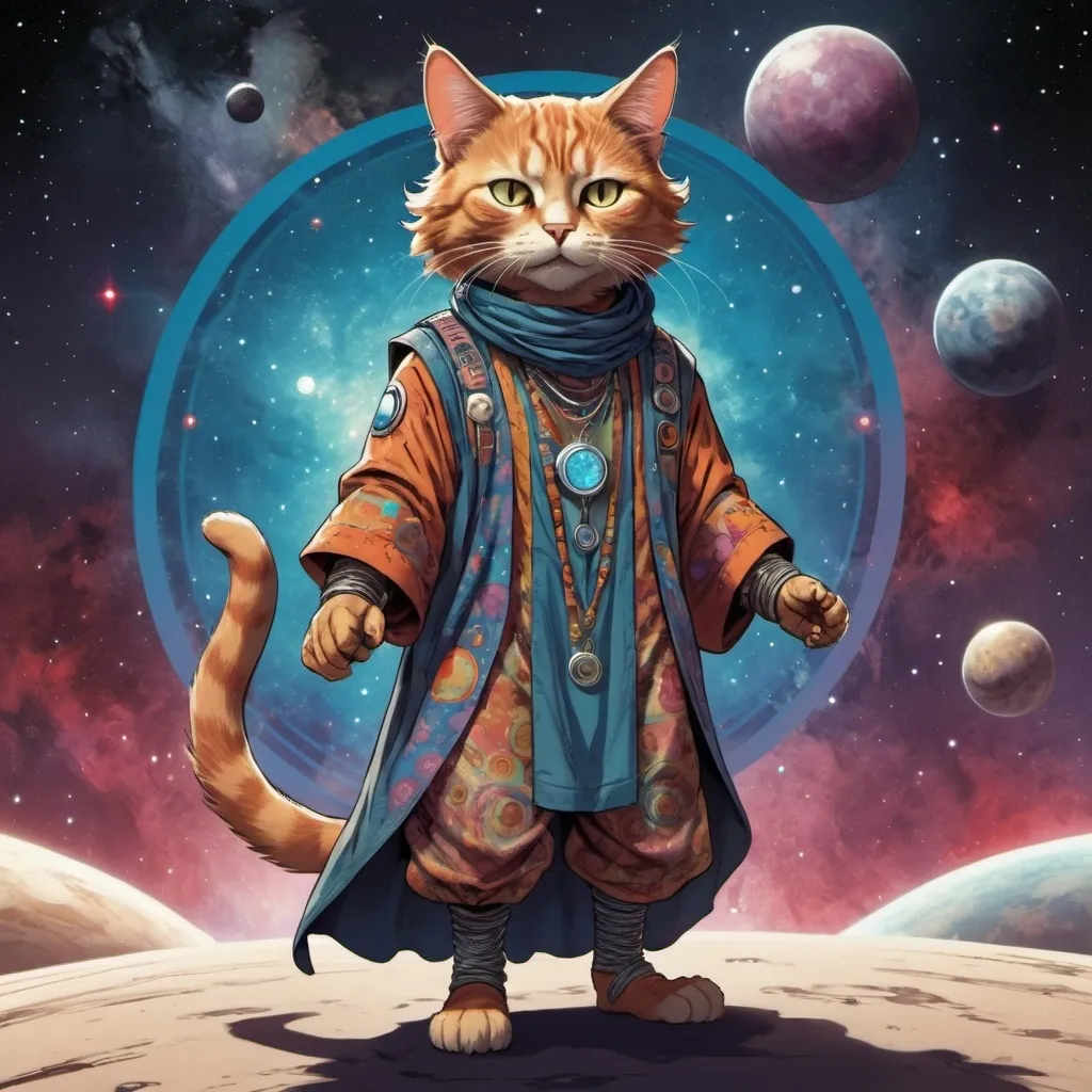 Prompt: Full-body portrait of a humanoid cat in a space opera setting. He is dressed like a hippy, with long flowing clothes. Marvel Comics art style.