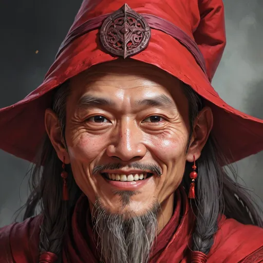 Prompt: Detailed portrait of a Red Wizard of Thay. He has Asian features and a cruel smile.