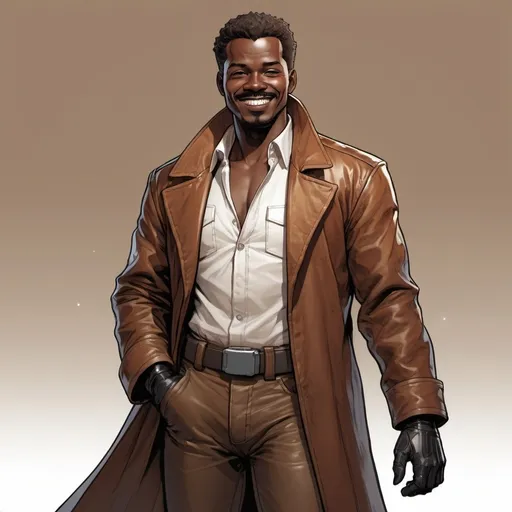 Prompt: Full-body portrait of a space opera conman. He wears a brown leather duster coat over a white shirt, has black skin and a charming smile. Marvel Comics art style.