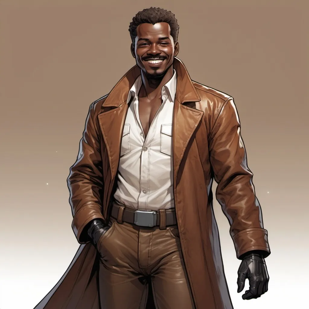 Prompt: Full-body portrait of a space opera conman. He wears a brown leather duster coat over a white shirt, has black skin and a charming smile. Marvel Comics art style.