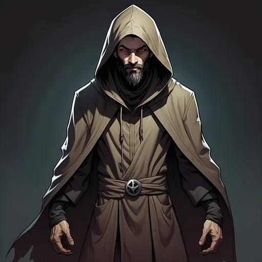 Prompt: Full body portrait of a hooded fantasy cultist. He is skinny, with a whispy beard and a nervous smile. He wears dirty, patched robes. Marvel Comics art style.