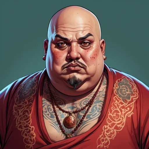 Prompt: Detailed mid-body portrait of an obese mystic. He has Arabic features and a bald head lined with magical tattoos. He wears an ornate red robe and has a cunning expression. Highly detailed character illustration.