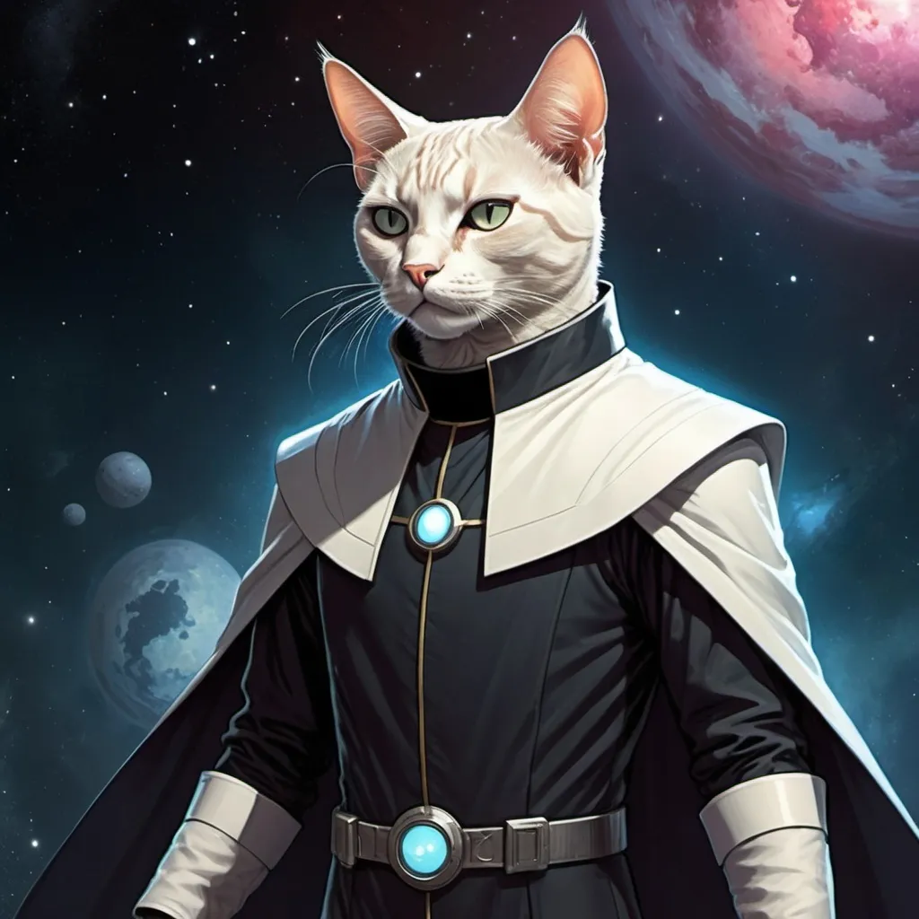 Prompt: Full-body portrait of a humanoid cat in a space opera setting. He is dressed like a priest. Marvel Comics art style.