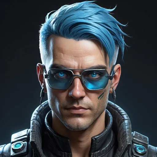 Prompt: Mid-body portrait of a cyberpunk pilot. He has a blue hair and an eye patch. Hightly detailed character art.