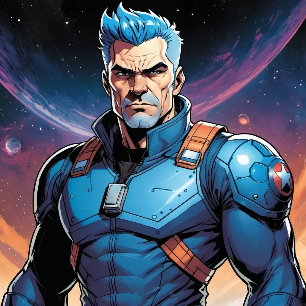 Prompt: Full-body portrait of a space opera pilot. He is broad and muscular, in his mid-forties, with blue hair and a square jaw. Marvel comics art style.