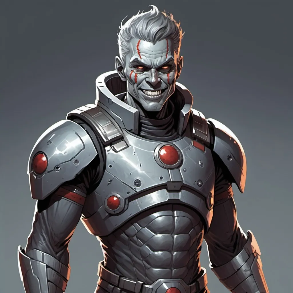 Prompt: Full-body portrait of a space opera warrior. He has pallied grey skin like an undead, but is not decomposing. He has a slightly amused smile. Marvel Comics art style.