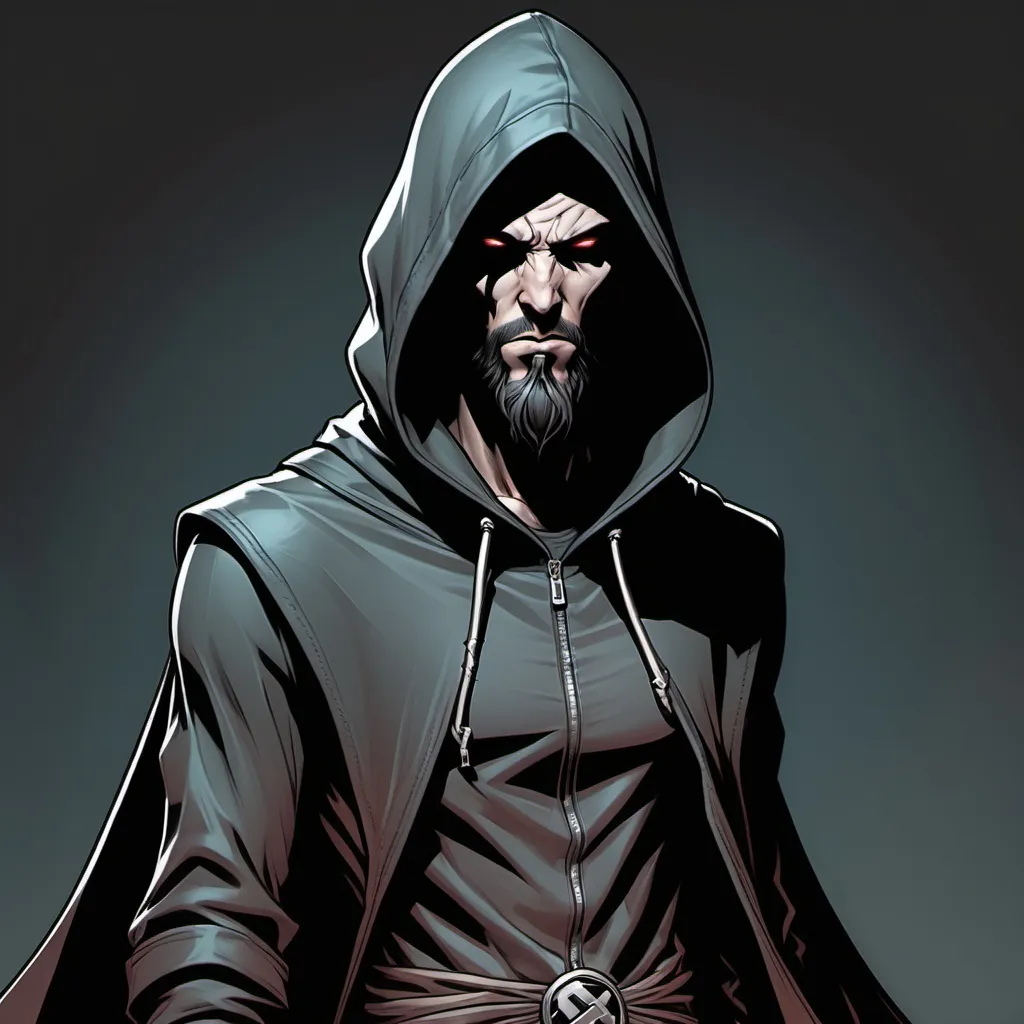 Prompt: Full body portrait of a hooded cultist. He is skinny and his hood hides most of his face, except for a whispy bearded chin. Marvel Comics art style.