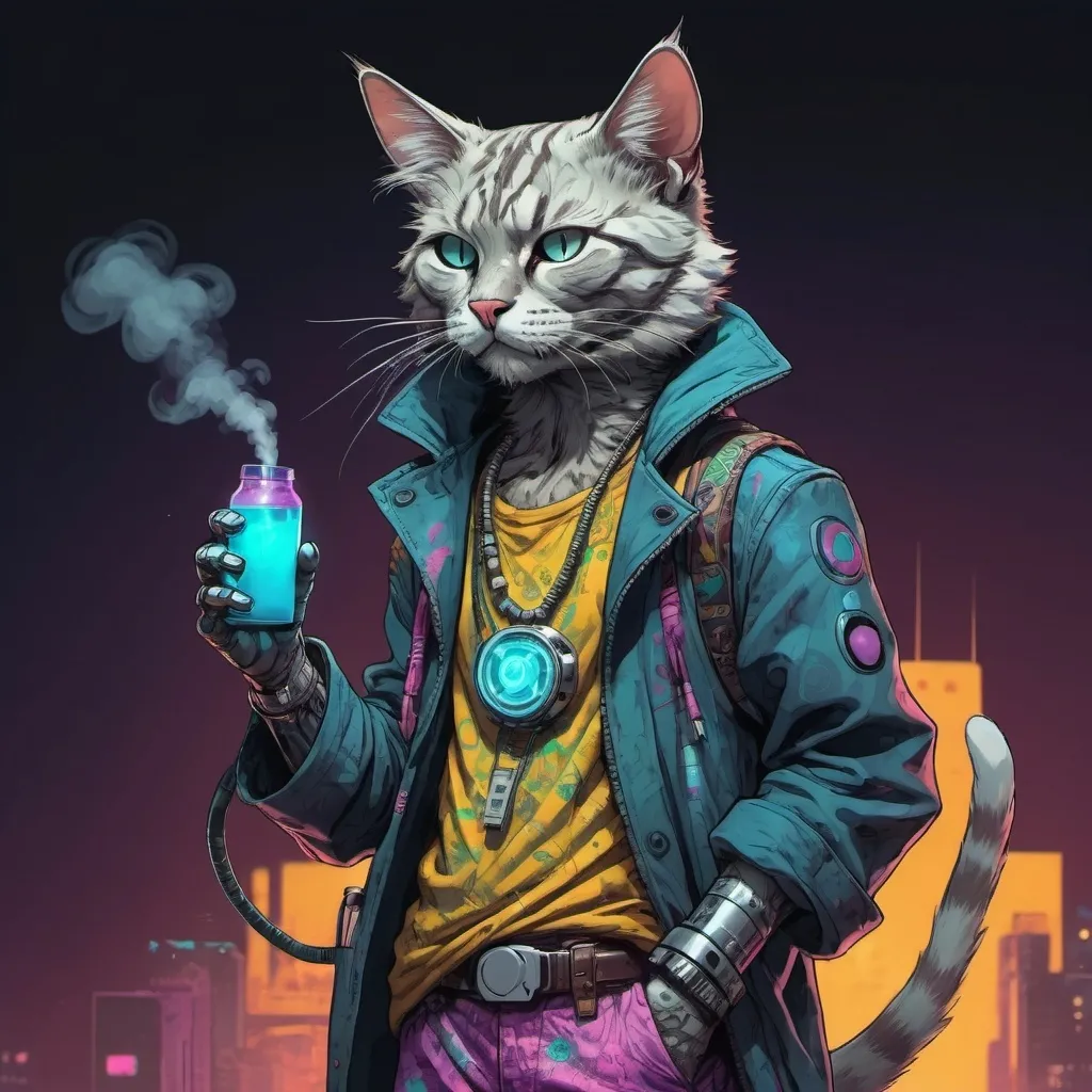 Prompt: Full-body portrait of a humanoid cat in a cyberpunk setting, vaping. He is dressed like a hippy, with long flowing clothes. Marvel Comics art style.