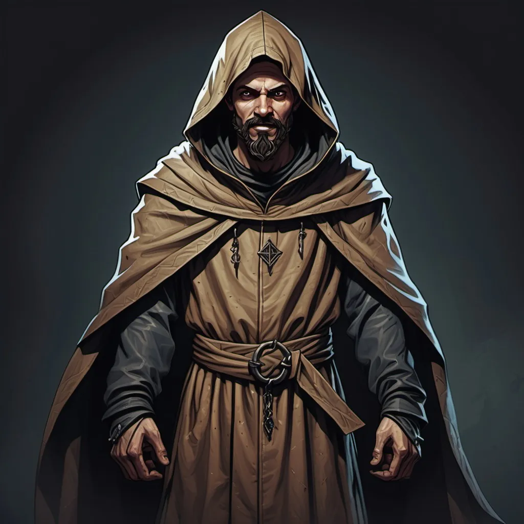 Prompt: Full-body portrait of a hooded medieval cultist. He wears dirty, patched robes. He has a goatee beard and a nervous smile. Highly detailed character portrait. Marvel Comics art style.