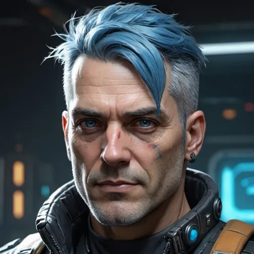 Prompt: Mid-body portrait of a cyberpunk pilot. He is in his mid-forties, has blue hair and a square jaw. Hightly detailed character art.