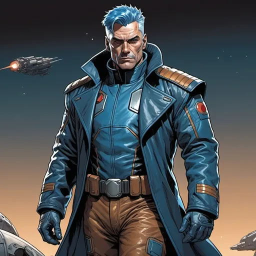 Prompt: Full-body portrait of a space opera pilot wearing an armored leather duster coat. He is broad and muscular, in his mid-forties, with blue hair and a square jaw. Marvel comics art style.