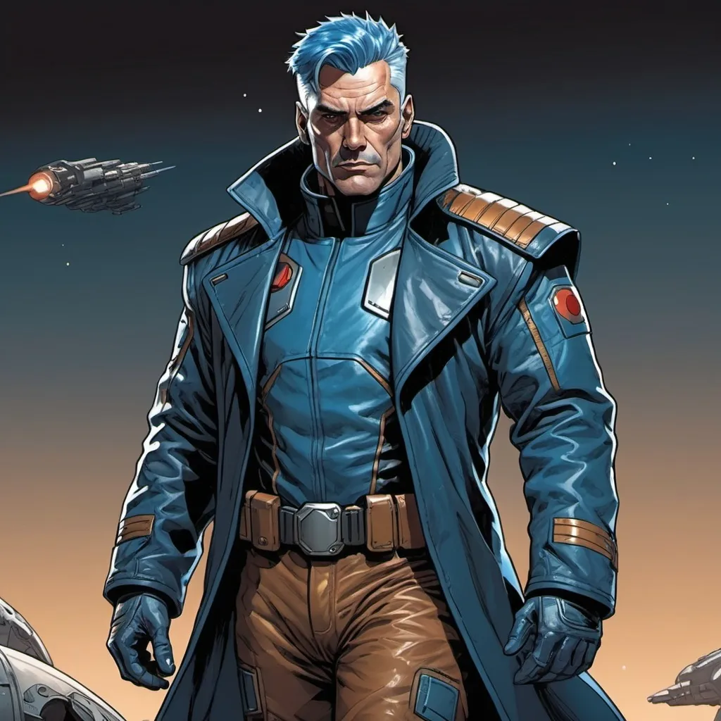 Prompt: Full-body portrait of a space opera pilot wearing an armored leather duster coat. He is broad and muscular, in his mid-forties, with blue hair and a square jaw. Marvel comics art style.