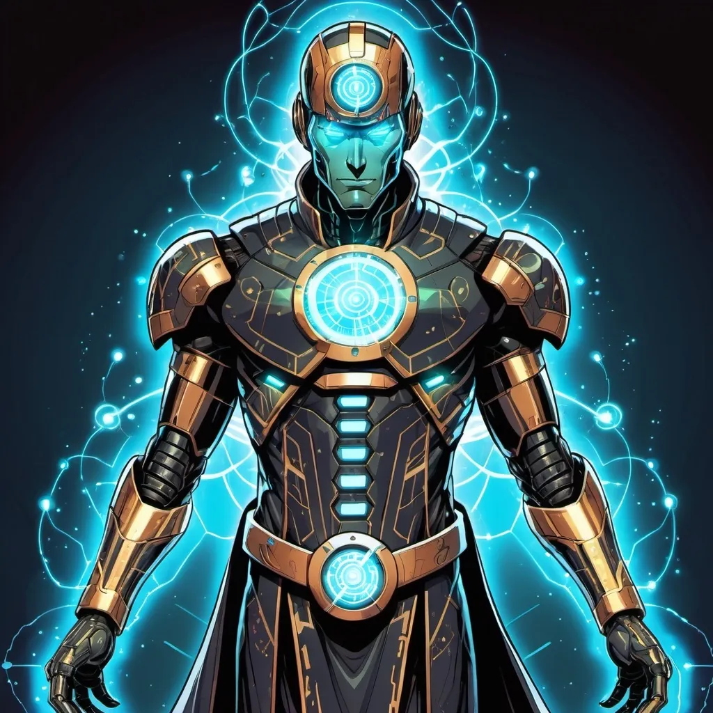 Prompt: Full-body portrait of a science fantasy android. He has glowing circuitry and wears a mystical robe. Marvel Comics art style.