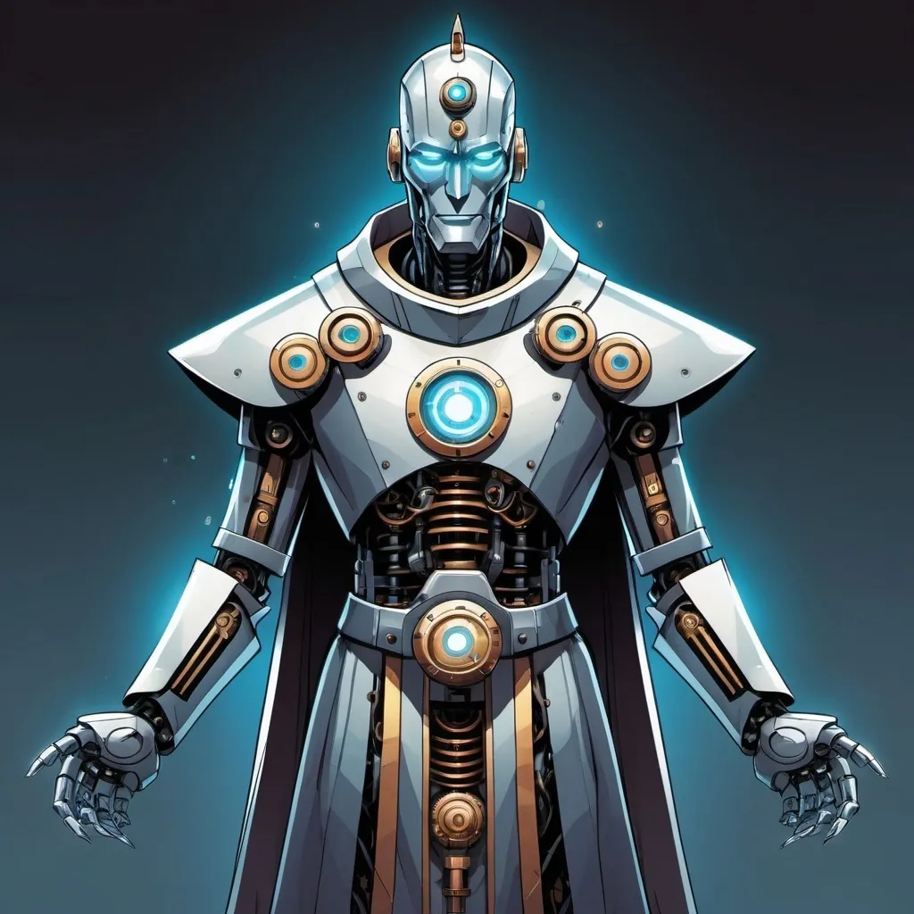 Prompt: Full-body portrait of a robot priest. It is clearly mechanical and wears mystic robes. Marvel Comics art style.