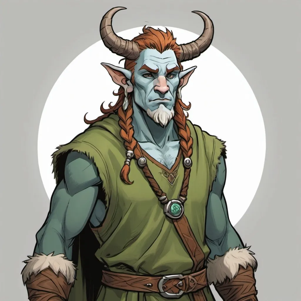 Prompt: Full-body portrait of a firbolg druid. He has pointy ears and a flat, cow-like nose. Marvel Comics art style.