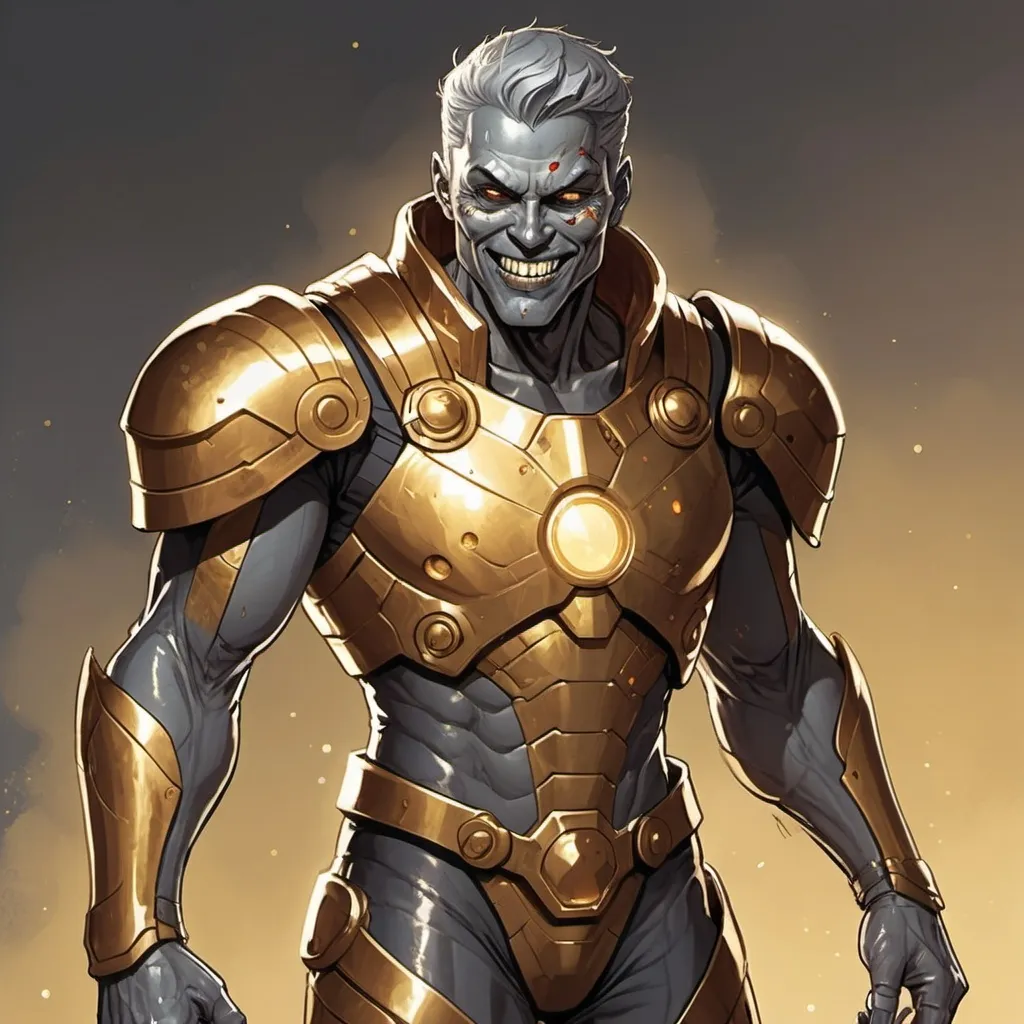 Prompt: Full-body portrait of a space opera warrior. He has pallied grey skin like an undead, but is not decomposing. He has a charming smile and is encased in golden light. Marvel Comics art style.